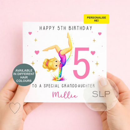 Personalised gymnastics birthday card for girls with custom name, age, relationship and hair colour. A colourful card for daughters, granddaughters and nieces.