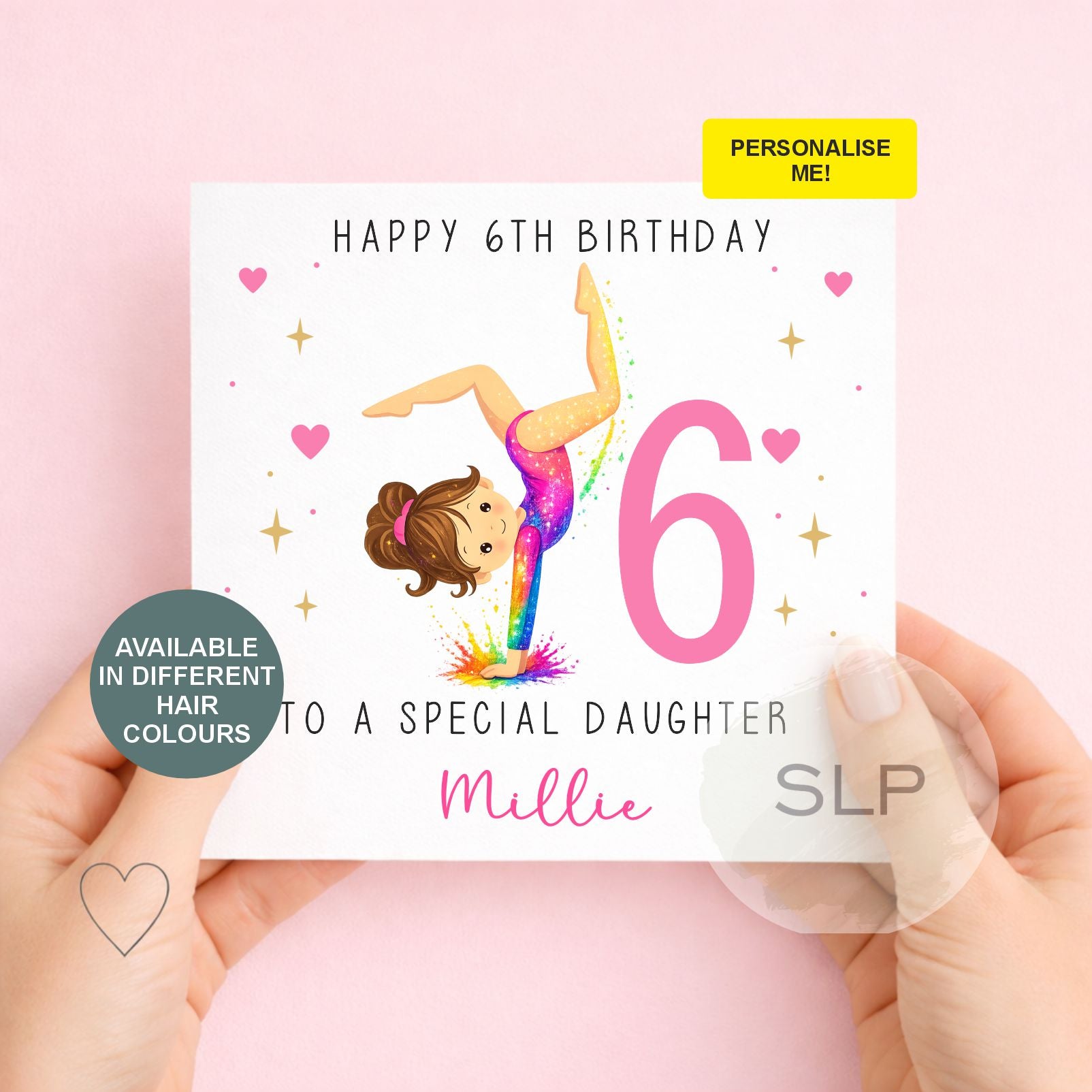 Personalised gymnastics birthday card for girls with custom name, age, relationship and hair colour. A colourful card for daughters, granddaughters and nieces.