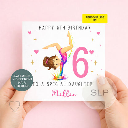 Personalised gymnastics birthday card for girls with custom name, age, relationship and hair colour. A colourful card for daughters, granddaughters and nieces.
