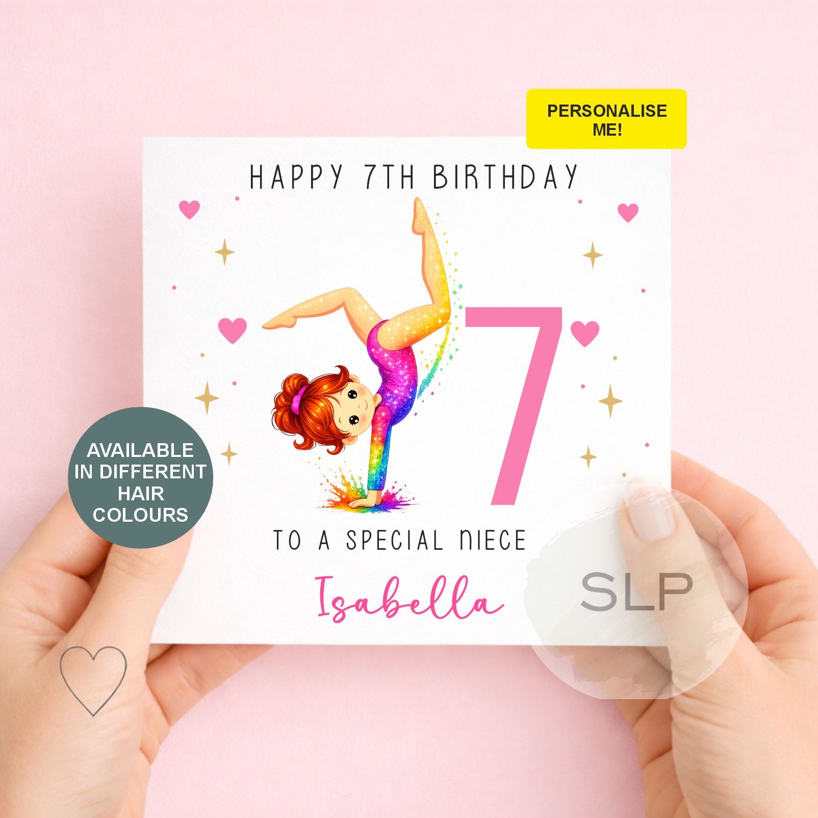 Personalised gymnastics birthday card for girls with custom name, age, relationship and hair colour. A colourful card for daughters, granddaughters and nieces.