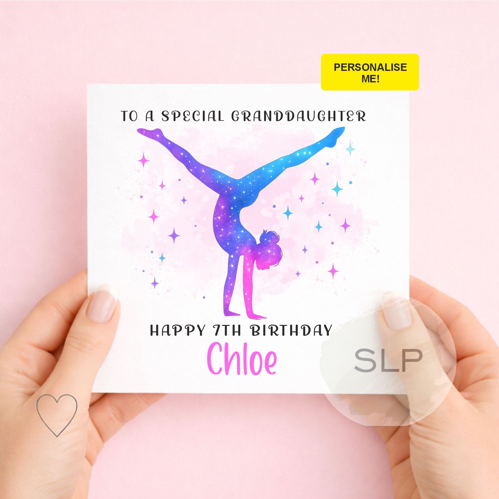 Personalised gymnastics birthday card featuring a colourful galaxy gymnast. Customise with any name, age and relationship for a special birthday girl.
