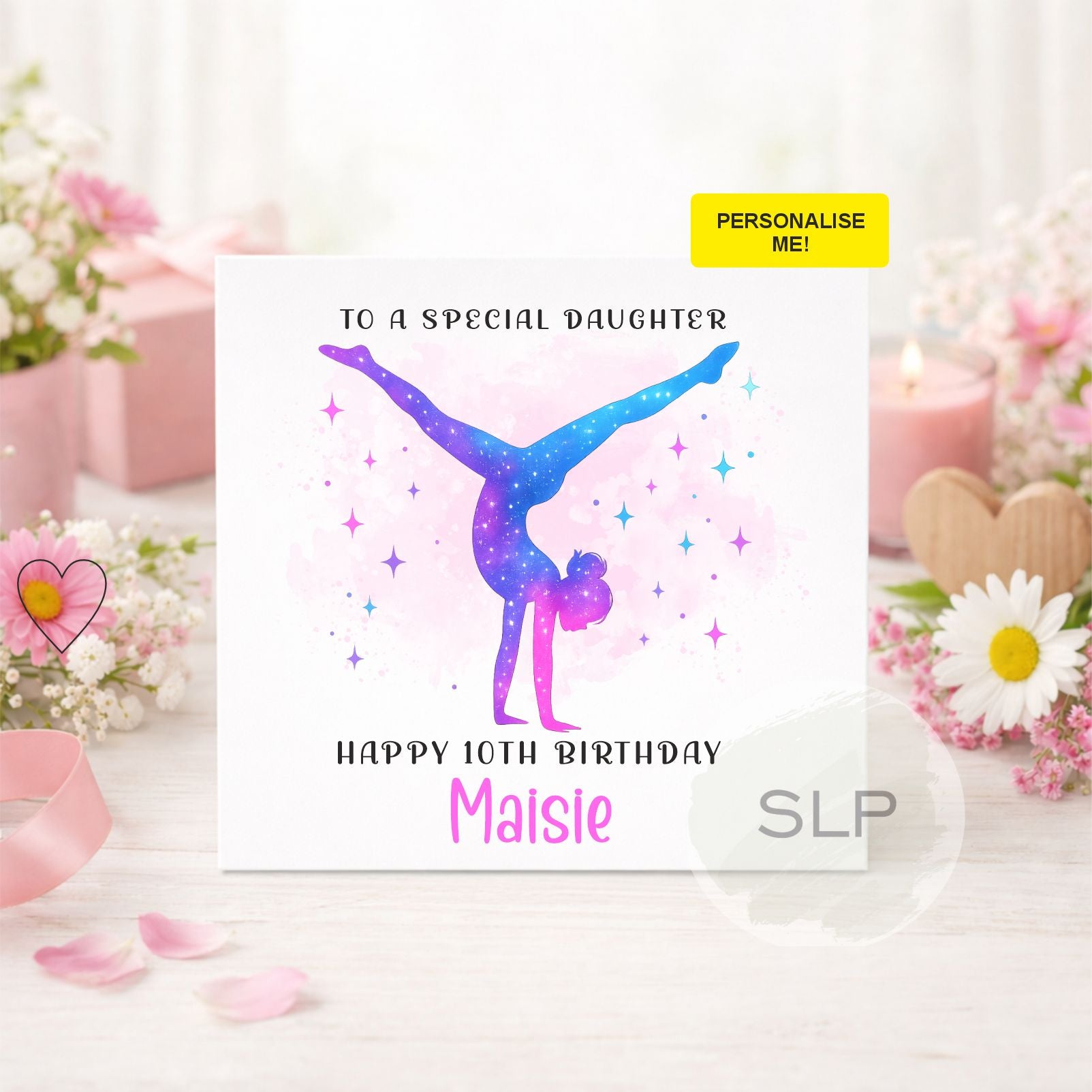 Personalised gymnastics birthday card featuring a colourful galaxy gymnast. Customise with any name, age and relationship for a special birthday girl.