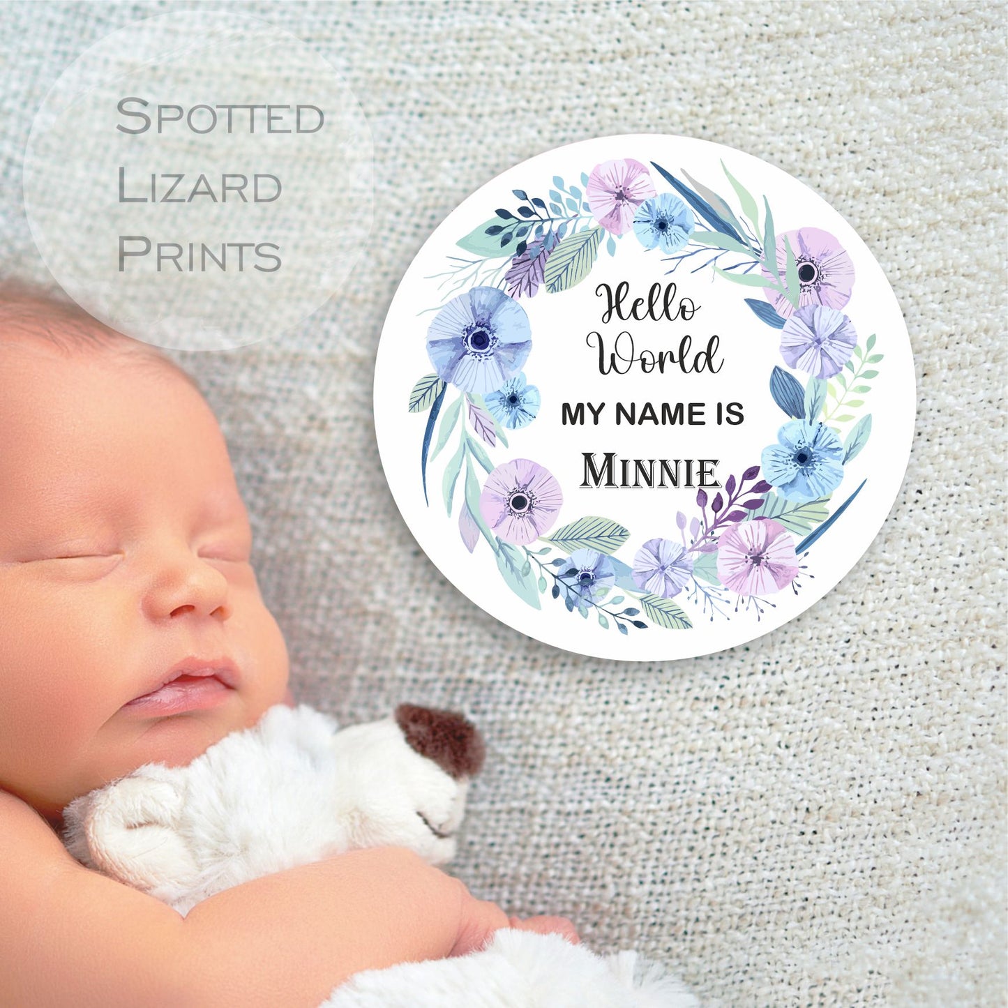 Hello World My Name is disc/coaster - Blue Flowers