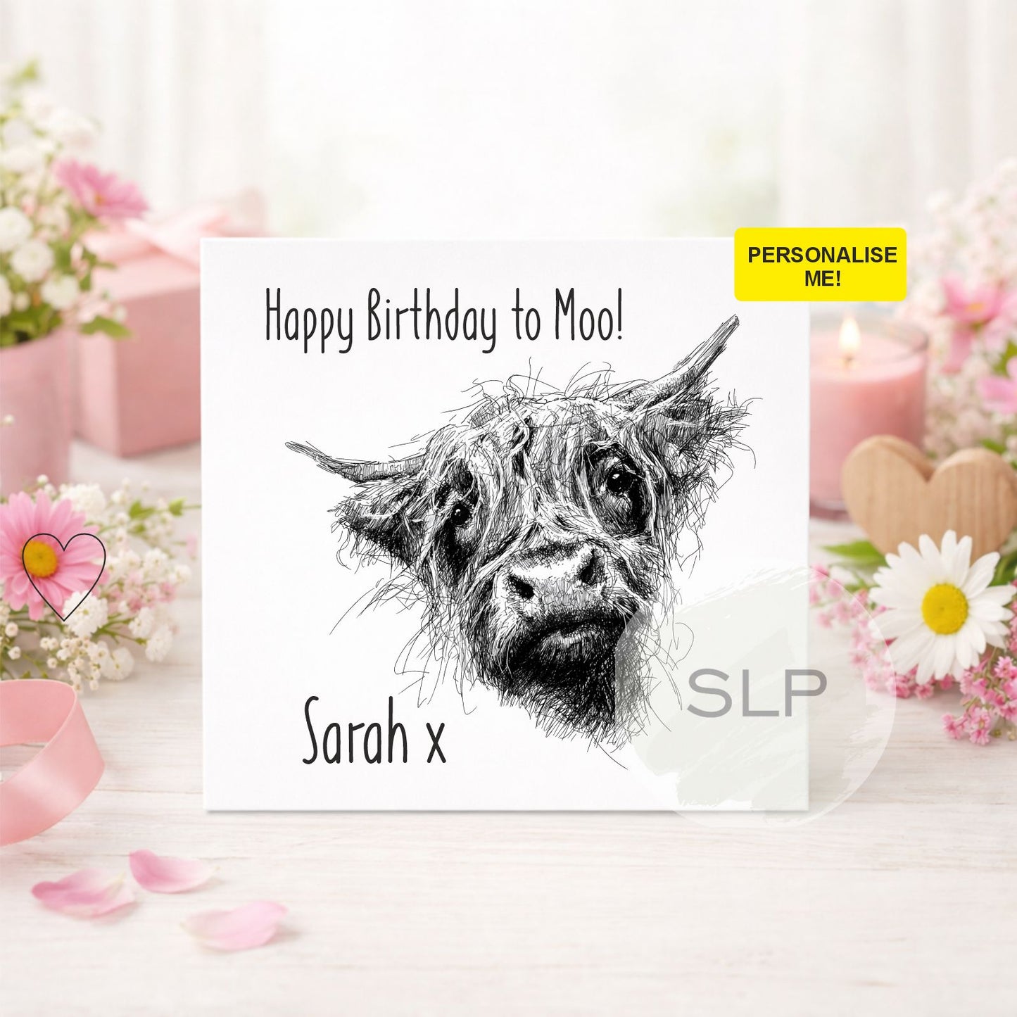Personalised Highland Cow Birthday Card – Funny “Happy Birthday to Moo” Card – Custom Name Farm Animal Card – Cute Cow Birthday