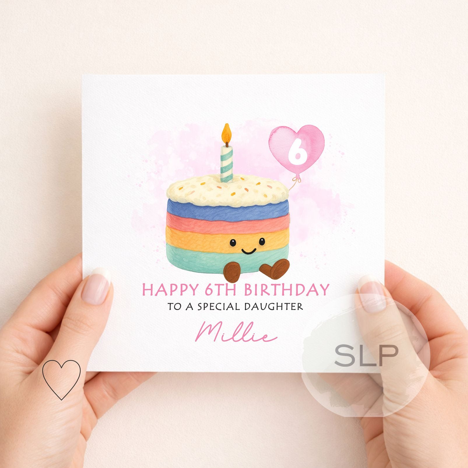 Personalised Girls Birthday Card – Cute Rainbow Cake Card – Custom Age & Name – Daughter, Granddaughter or Goddaughter Birthday