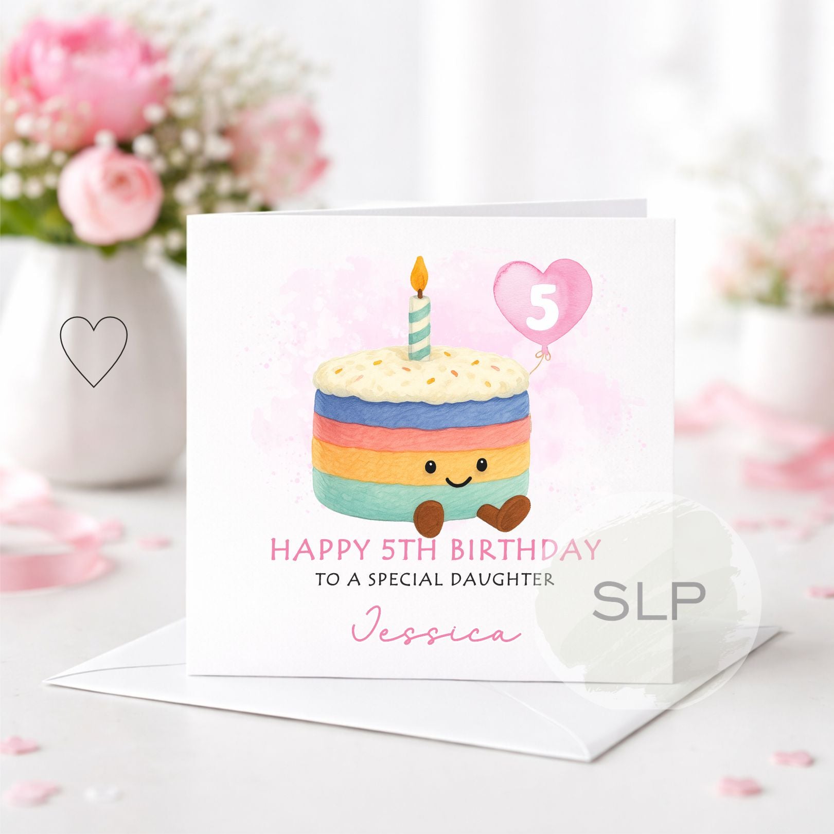 Personalised Girls Birthday Card – Cute Rainbow Cake Card – Custom Age & Name – Daughter, Granddaughter or Goddaughter Birthday