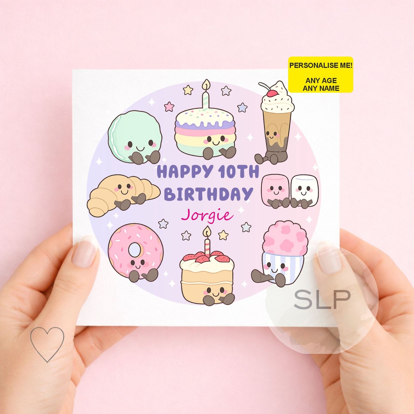 Personalised kawaii birthday card with any name and age. Cute pastel cake, doughnut, macaron, cupcake and sweet treat design for a special birthday.