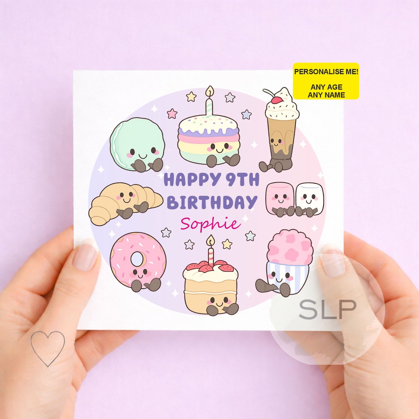 Personalised kawaii birthday card with any name and age. Cute pastel cake, doughnut, macaron, cupcake and sweet treat design for a special birthday.