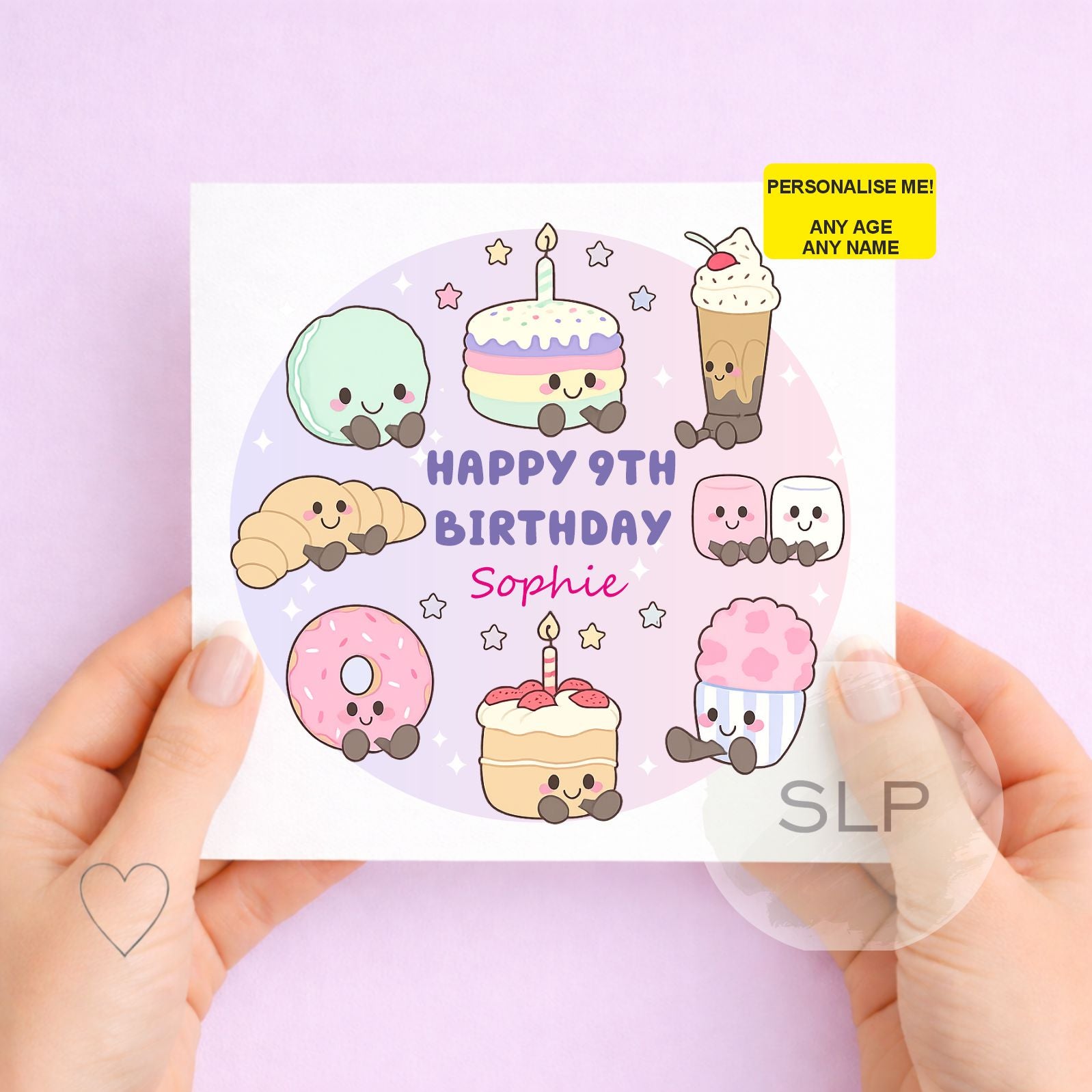 Personalised kawaii birthday card with any name and age. Cute pastel cake, doughnut, macaron, cupcake and sweet treat design for a special birthday.