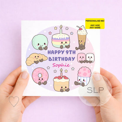 Personalised kawaii birthday card with any name and age. Cute pastel cake, doughnut, macaron, cupcake and sweet treat design for a special birthday.