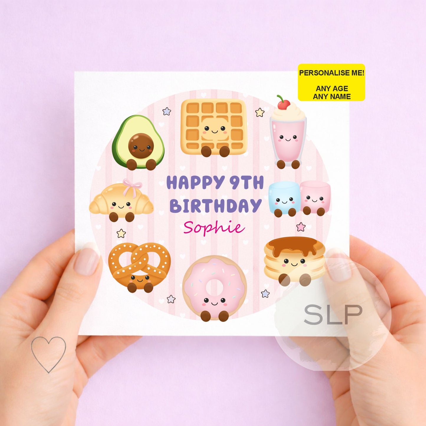 Personalised cute food birthday card with any name and age. Adorable kawaii waffle, avocado, doughnut, croissant and pancake birthday design.