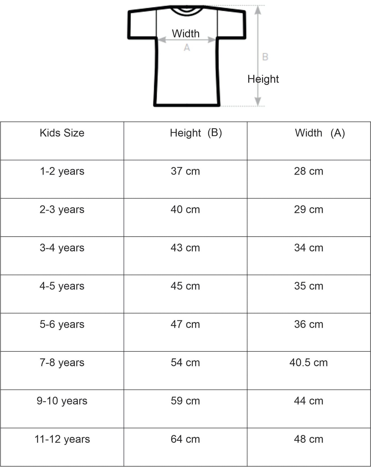 School leavers size chart