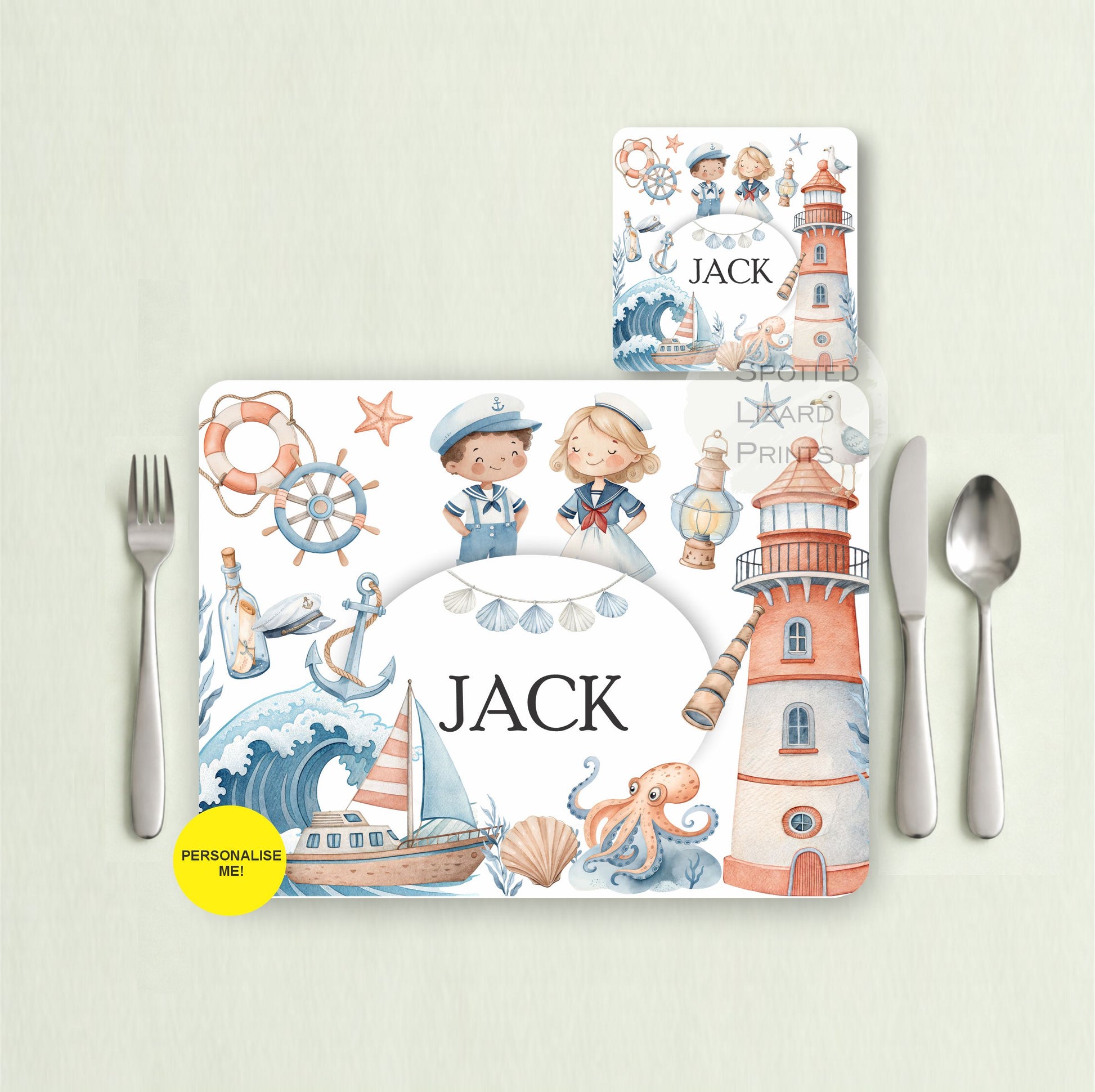 Gift for Kids - Personalised Placemat - Placemat and Coast set - Personalised Tableware - Personalised Coaster - 
