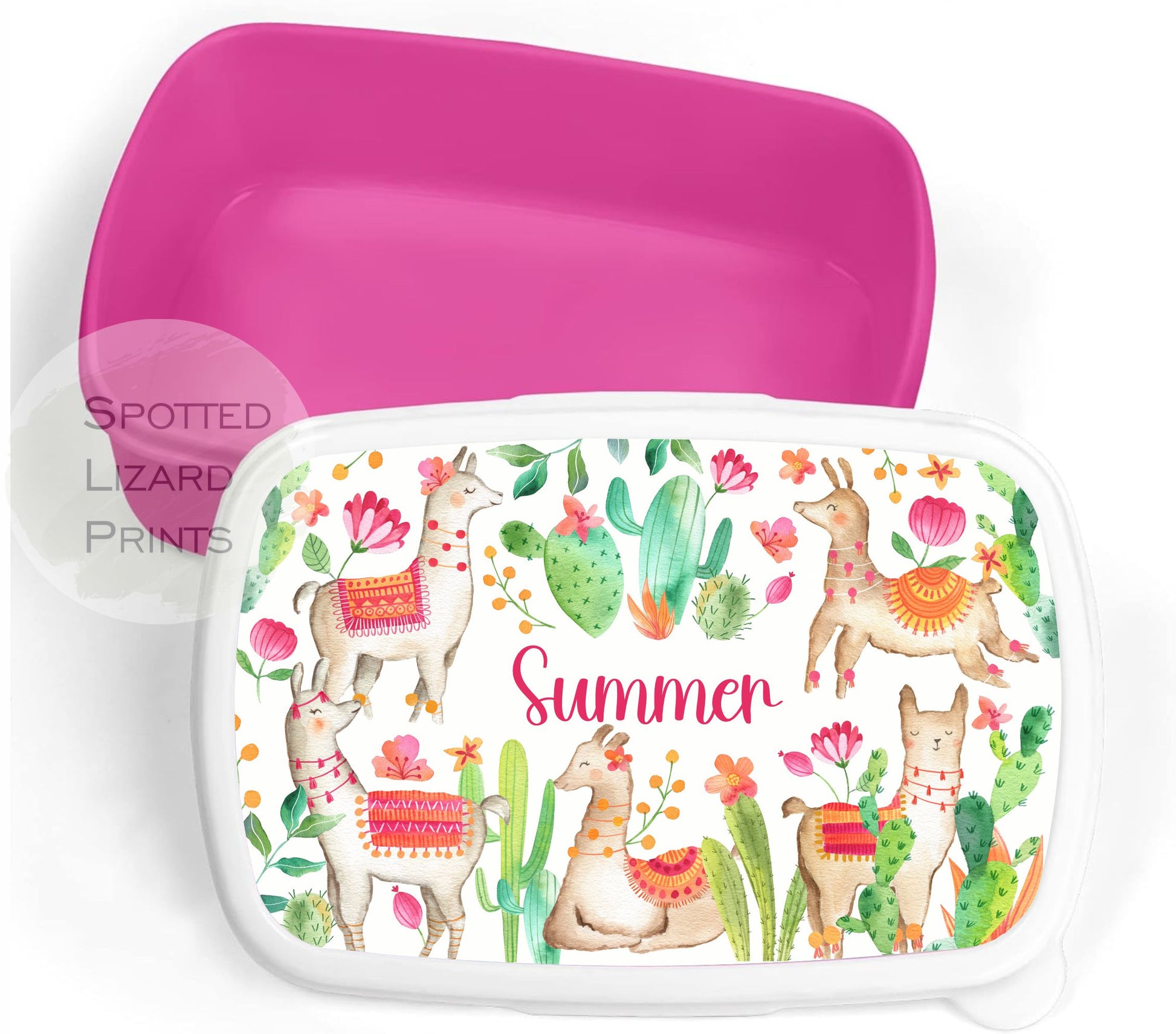 Pink Girls lunch Box. Mermaids. Personalised with a name.