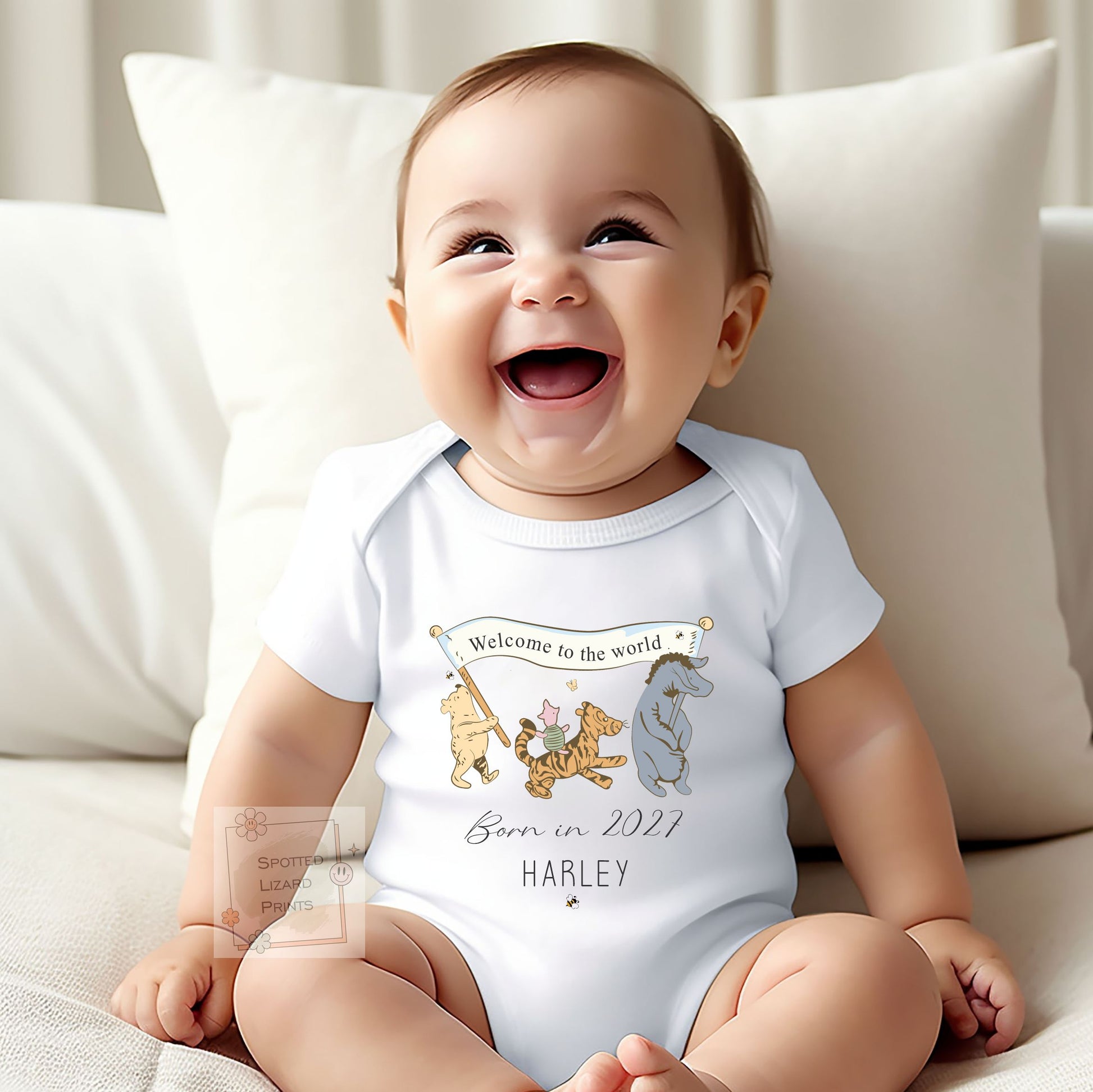 Personalised Winnie the Pooh Baby Bodysuit | Born in 2027 Baby Outfit | New Baby Gift | Custom Baby Name Sleepsuit | Welcome to the World