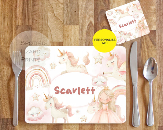 personalised magical unicorn children's placemat and coaster set