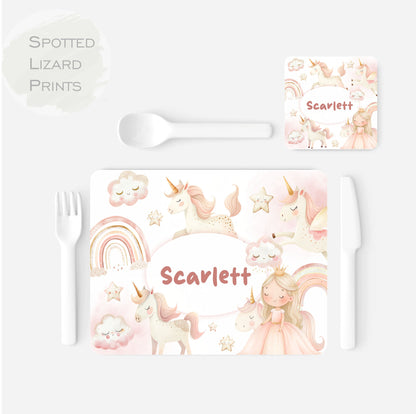 personalised magical unicorn children's placemat and coaster set