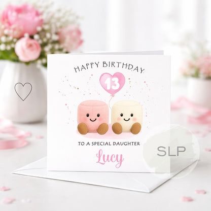 Personalised Girls Birthday Card – Cute Marshmallow Card – Custom Age & Name – Daughter, Granddaughter or Goddaughter Birthday