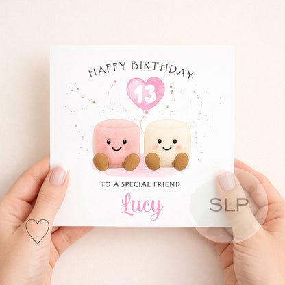 Personalised Girls Birthday Card – Cute Marshmallow Card – Custom Age & Name – Daughter, Granddaughter or Goddaughter Birthday