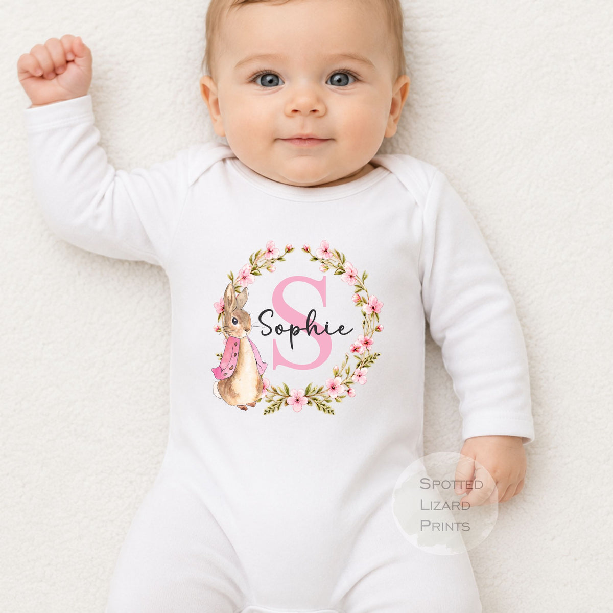 Personalised Peter Rabbit Baby Vest, Sleepsuit or Bib | Custom Name & Initial | Floral Bunny Baby Gift | New Baby Girl Gift
