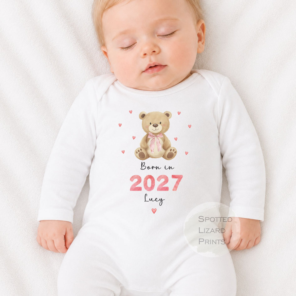 Personalised Born in 2027 Baby Girl Outfit | Teddy Bear Baby Vest, Sleepsuit or Bib | Newborn Gift | Baby Shower Gift