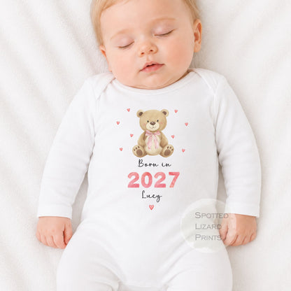 Personalised Born in 2027 Baby Girl Outfit | Teddy Bear Baby Vest, Sleepsuit or Bib | Newborn Gift | Baby Shower Gift