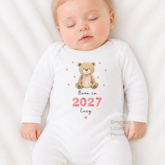 Personalised Born in 2027 Baby Girl Outfit | Teddy Bear Baby Vest, Sleepsuit or Bib | Newborn Gift | Baby Shower Gift