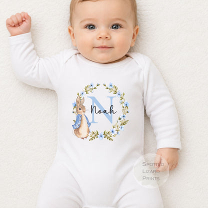 Personalised Bunny Baby Vest, Sleepsuit or Bib | Custom Baby Name & Initial | Blue Floral Rabbit | New Baby Boy Gift