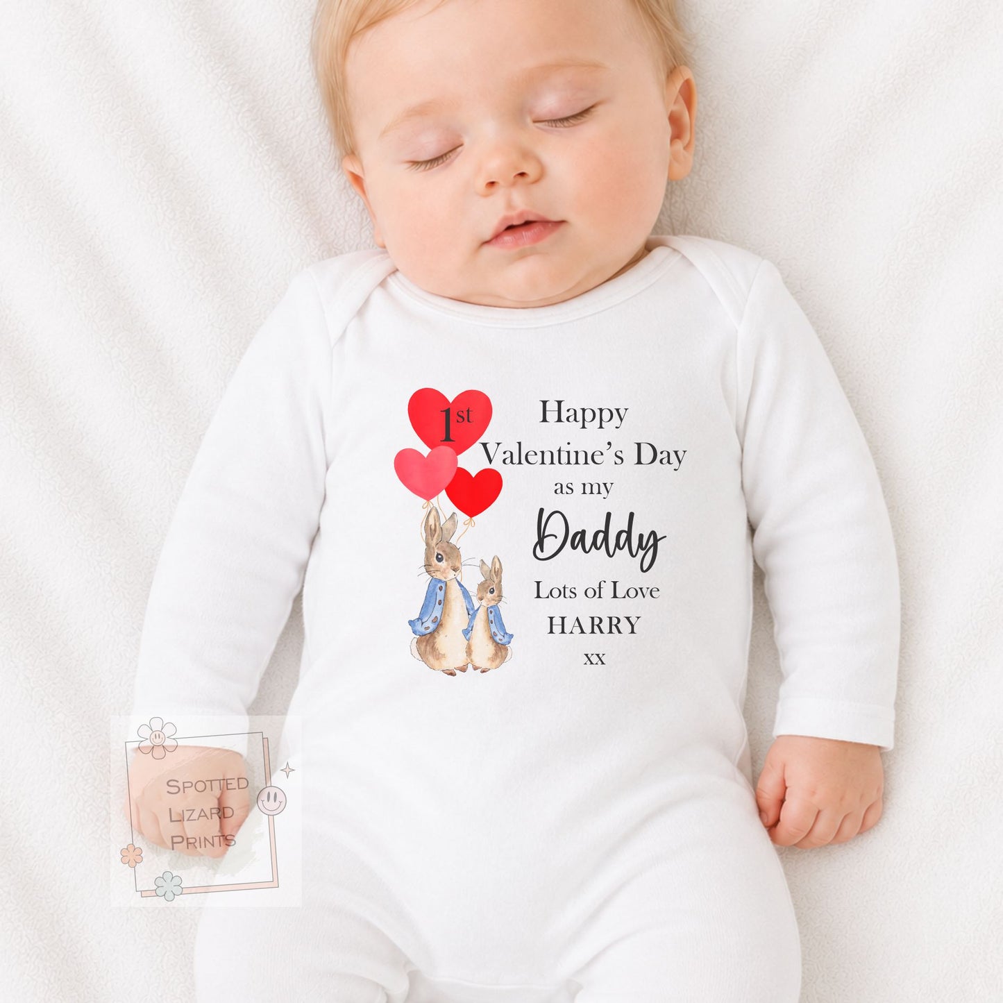 Personalised Baby 1st Valentine’s Day Outfit, First Valentine as My Daddy, Baby Vest Sleepsuit Bib Jumper T-Shirt, Peter Rabbit Style