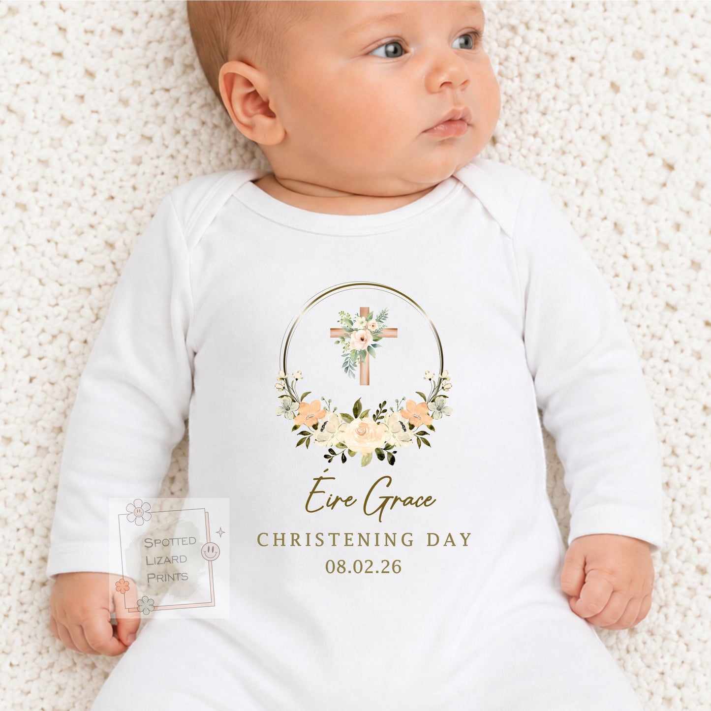 Personalised Christening Outfit, Christening Day Baby Sleepsuit, Baptism Gift, Floral Cross Baby Vest, Naming Day Outfit, Baby Keepsake