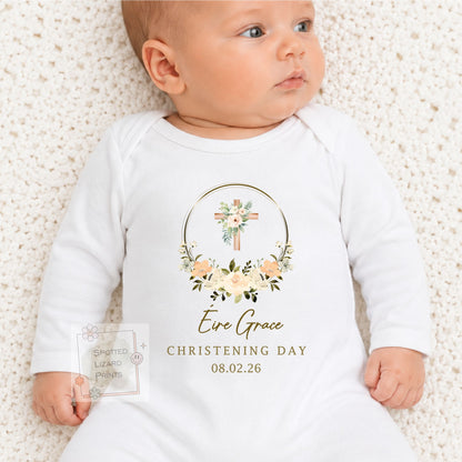 Personalised Christening Outfit, Christening Day Baby Sleepsuit, Baptism Gift, Floral Cross Baby Vest, Naming Day Outfit, Baby Keepsake