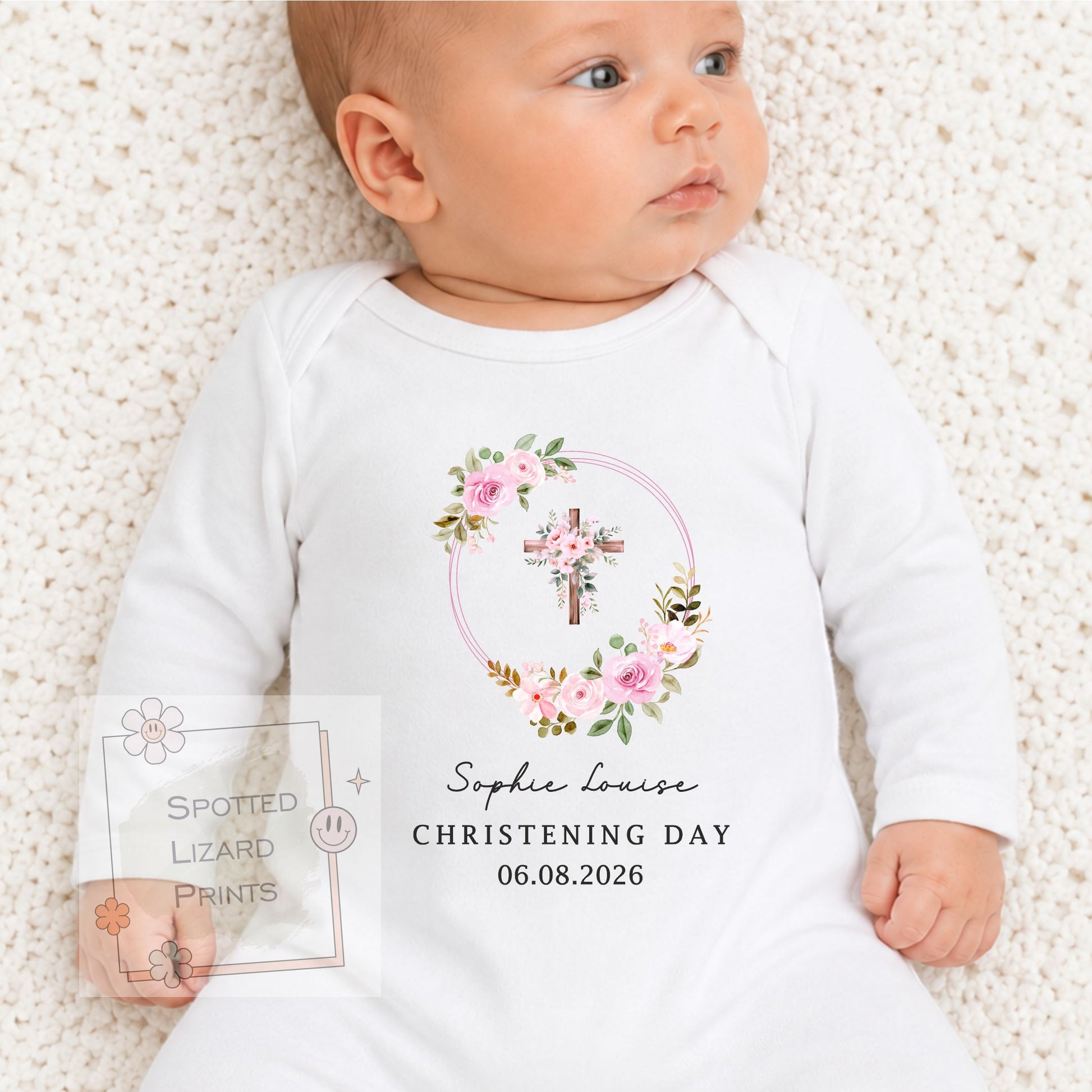 Personalised Christening Baby Vest, Christening Sleepsuit, Custom Baptism Outfit, Baby Dedication Gift, Floral Cross Baby Grow