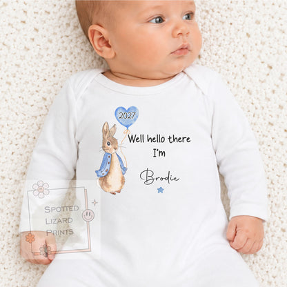 Personalised Peter Rabbit Born in 2027 Baby Vest, Baby Sleepsuit- Hello there I'm, New Baby Coming home outfit - New Mum Gift