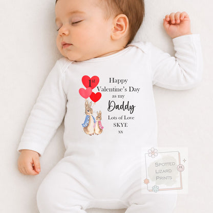 Personalised Baby 1st Valentine’s Day Outfit, First Valentine as My Daddy, Baby Vest Sleepsuit Bib Jumper T-Shirt, Peter Rabbit Style