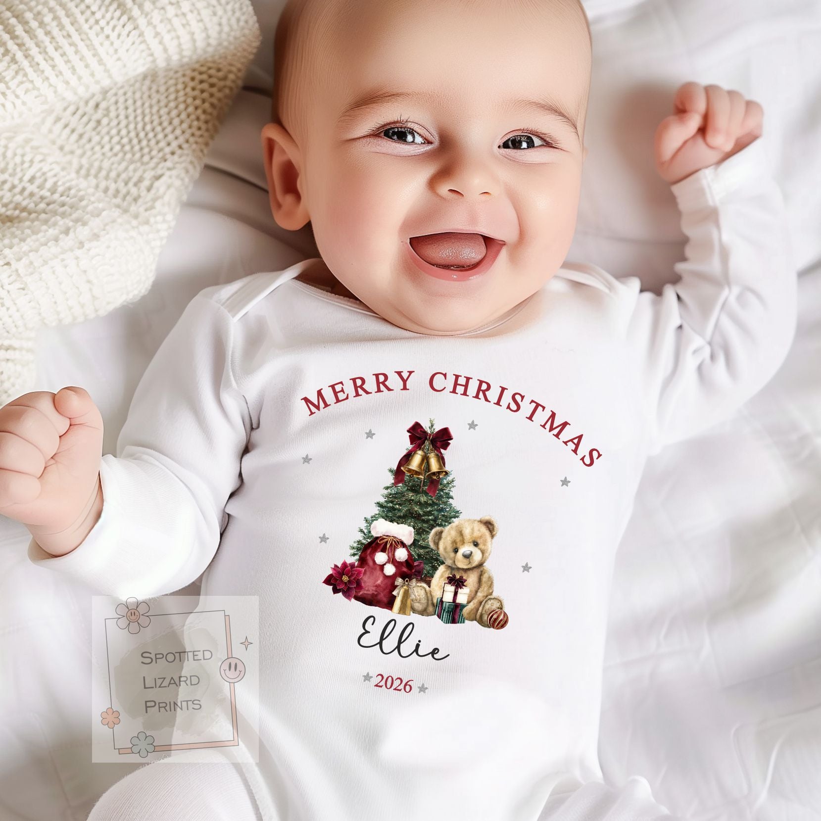 Personalised Merry Christmas Baby Outfit, Custom Christmas Baby Bodysuit, Teddy Bear Christmas Jumper, First Christmas Gift, Kids Tee