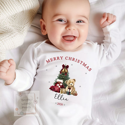 Personalised Merry Christmas Baby Outfit, Custom Christmas Baby Bodysuit, Teddy Bear Christmas Jumper, First Christmas Gift, Kids Tee