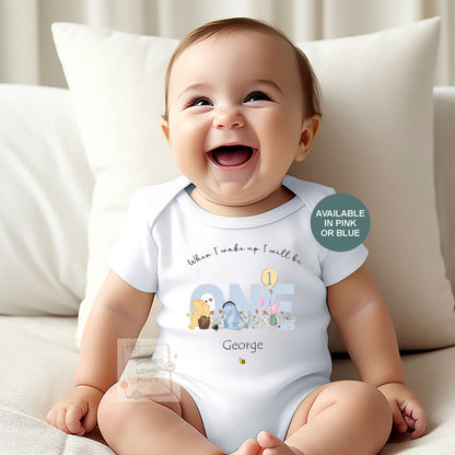 Personalised 1st birthday baby outfit available in pink or blue. Add their name and choose a first birthday bib, baby vest or sleepsuit for their special day.