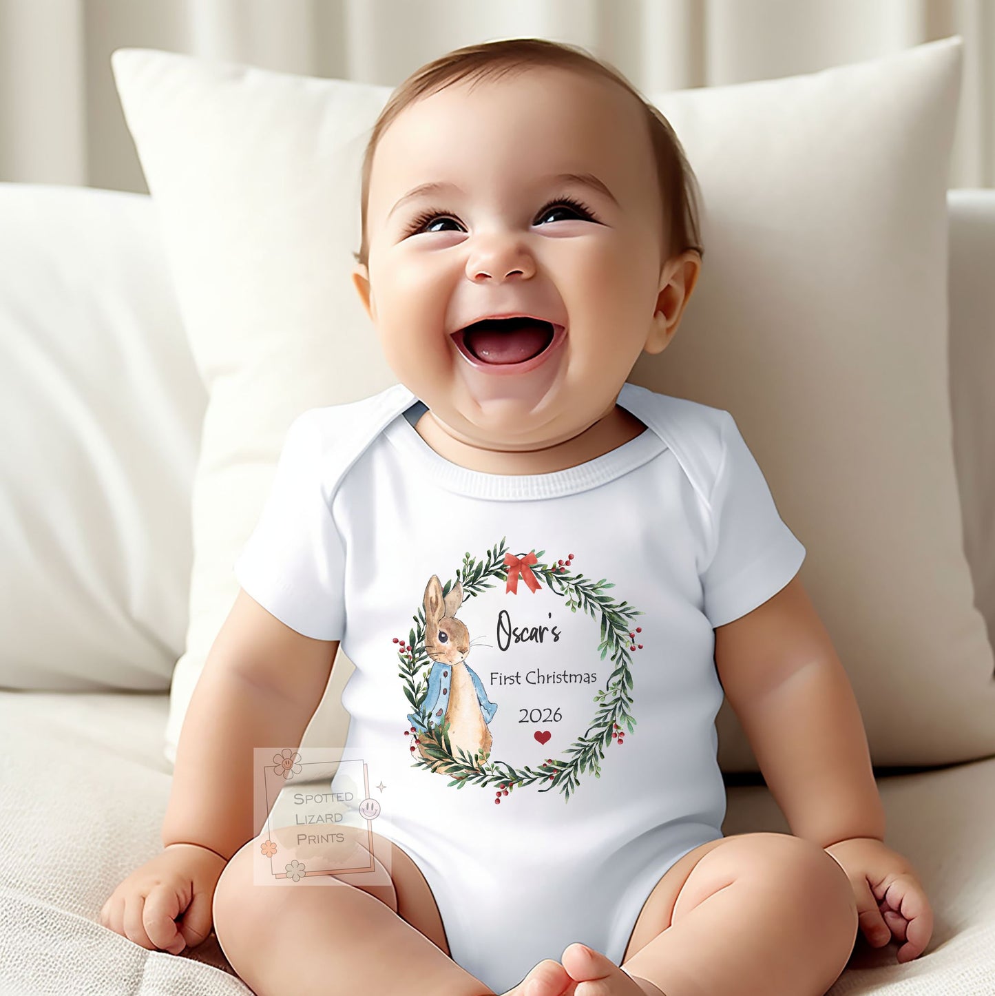 Personalised Peter Rabbit 1st Christmas Baby Outfit - Baby Sleepsuit or Vest - My First Christmas