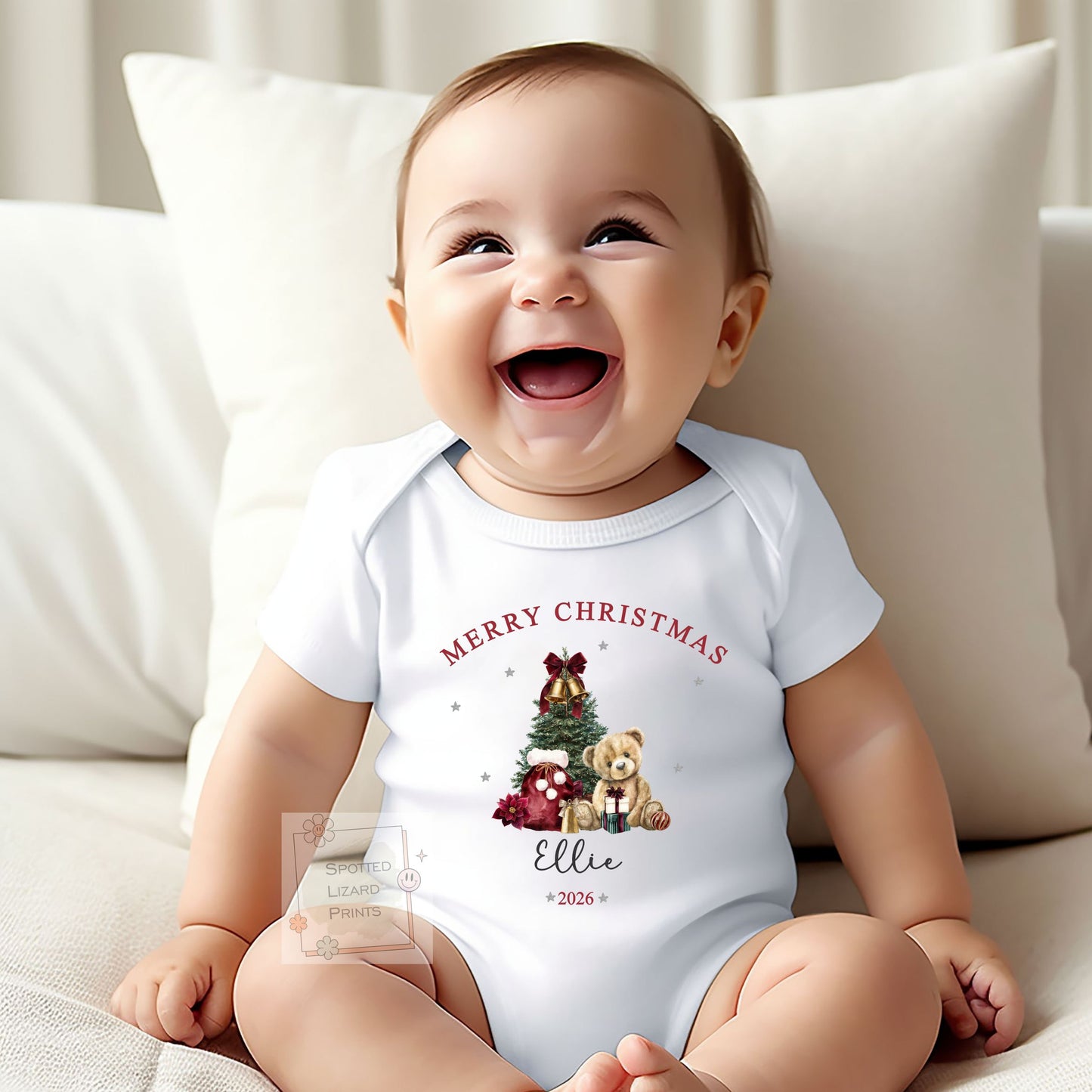 Personalised Merry Christmas Baby Outfit, Custom Christmas Baby Bodysuit, Teddy Bear Christmas Jumper, First Christmas Gift, Kids Tee