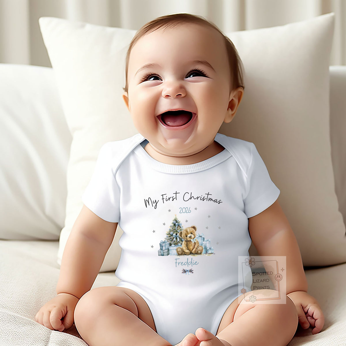 Personalised First Christmas Baby Outfit- My First Christmas Sleepsuit or Vest - 1st Xmas Teddy - BLUE