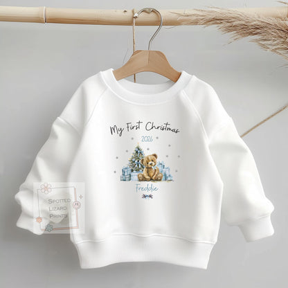 Personalised First Christmas Baby Outfit- My First Christmas Sleepsuit or Vest - 1st Xmas Teddy - BLUE