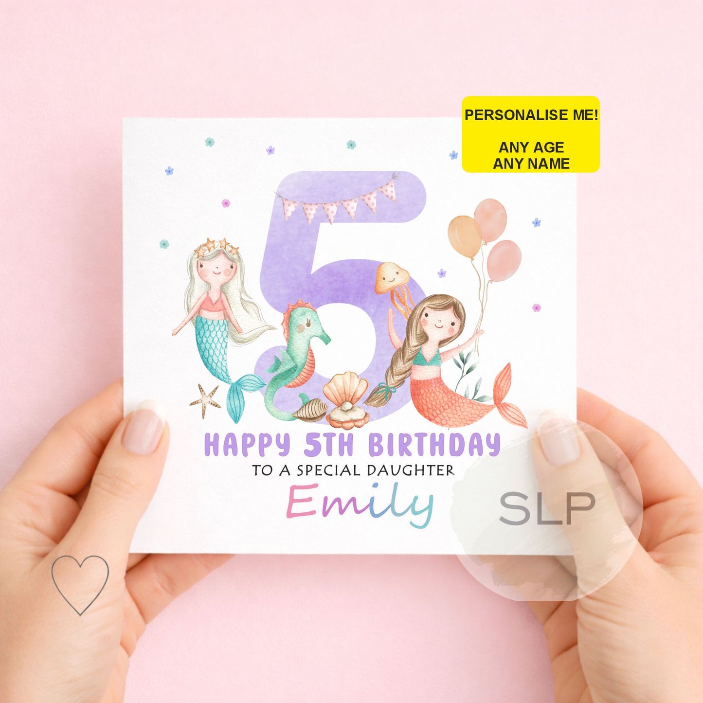 Personalised mermaid birthday card for girls with custom name, age and relationship. A pretty underwater card for daughters, granddaughters and nieces.