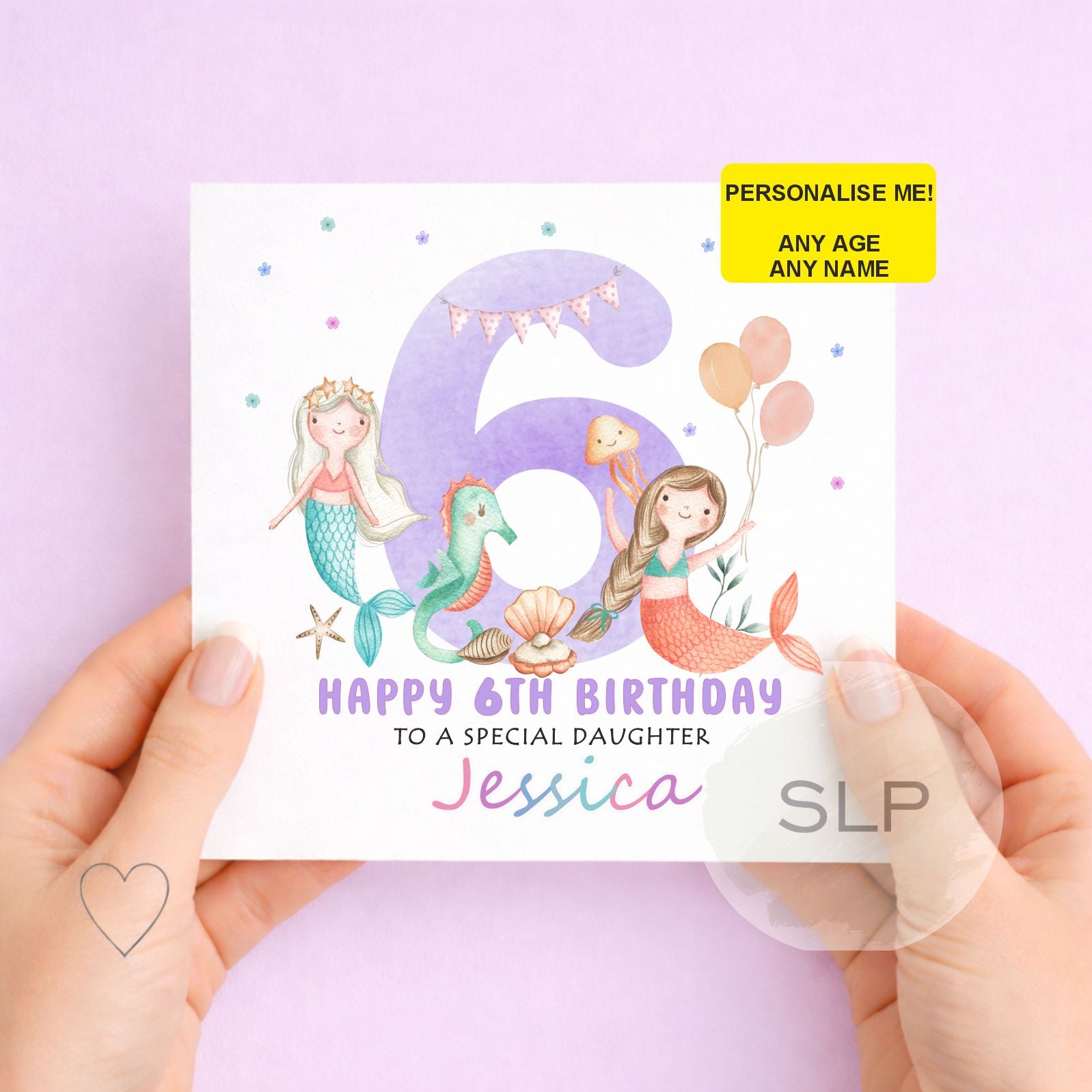 Personalised mermaid birthday card for girls with custom name, age and relationship. A pretty underwater card for daughters, granddaughters and nieces.