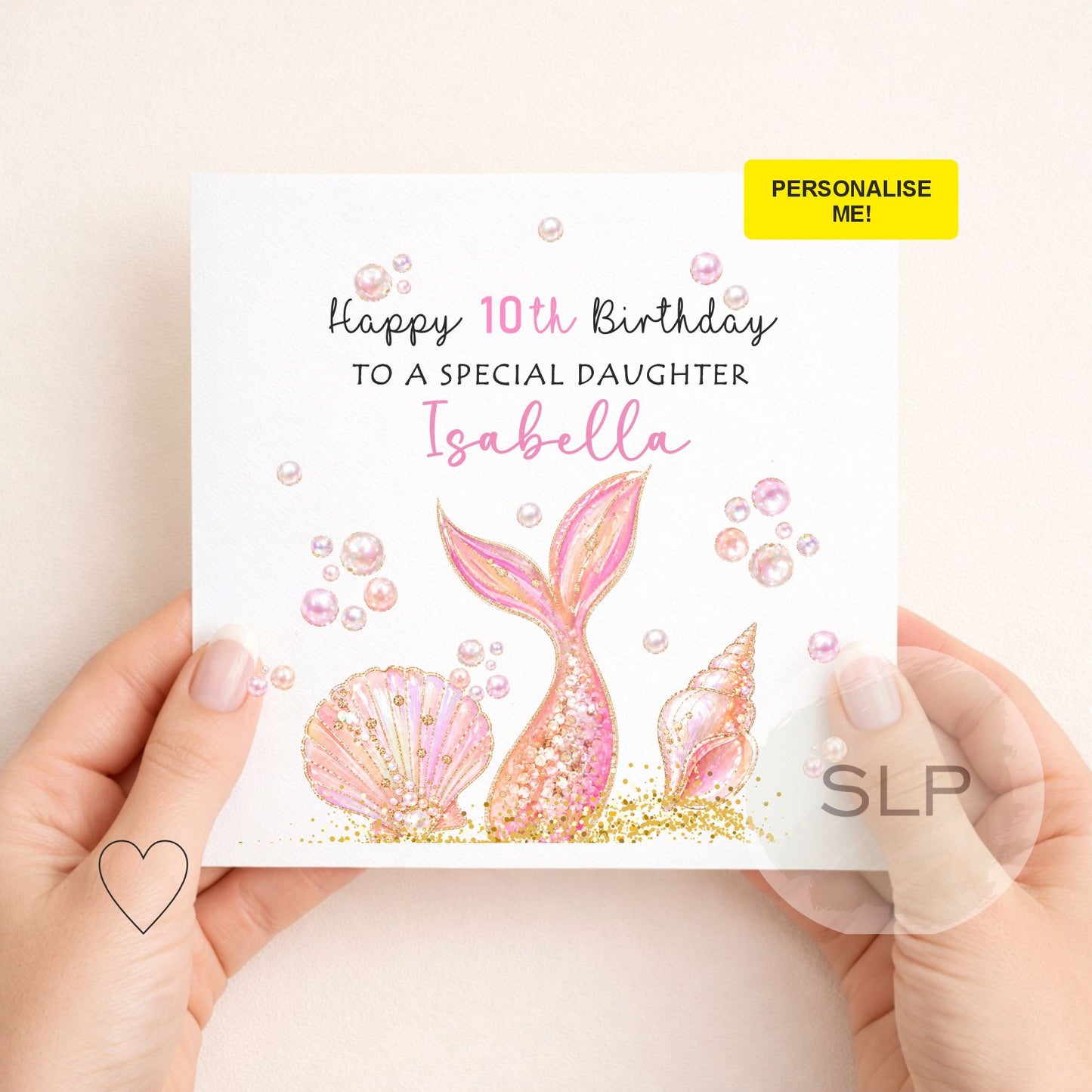 Personalised mermaid birthday card with custom name, age and relationship. Pretty pink mermaid tail and seashell birthday card for girls