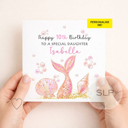 Personalised mermaid birthday card with custom name, age and relationship. Pretty pink mermaid tail and seashell birthday card for girls
