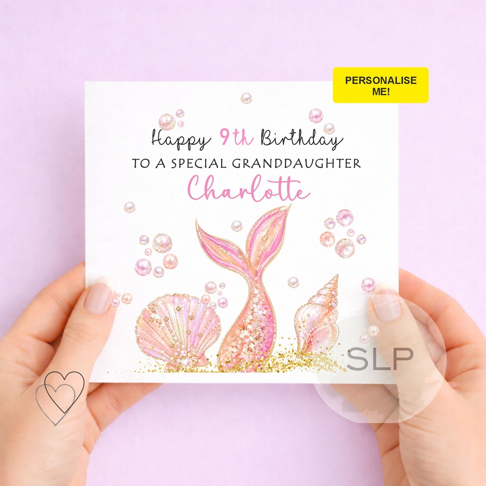 Personalised mermaid birthday card with custom name, age and relationship. Pretty pink mermaid tail and seashell birthday card for girls