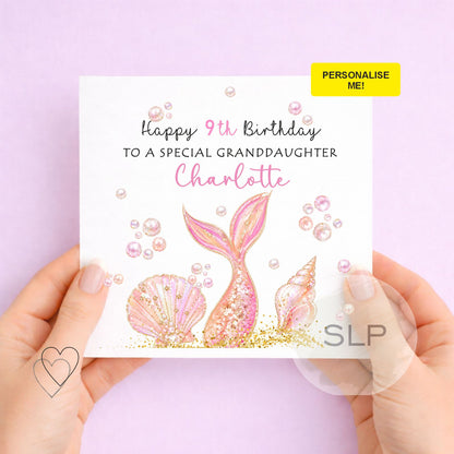 Personalised mermaid birthday card with custom name, age and relationship. Pretty pink mermaid tail and seashell birthday card for girls