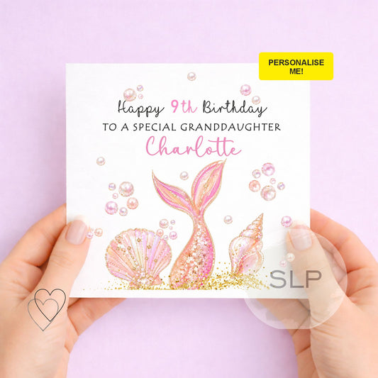 Personalised mermaid birthday card with custom name, age and relationship. Pretty pink mermaid tail and seashell birthday card for girls