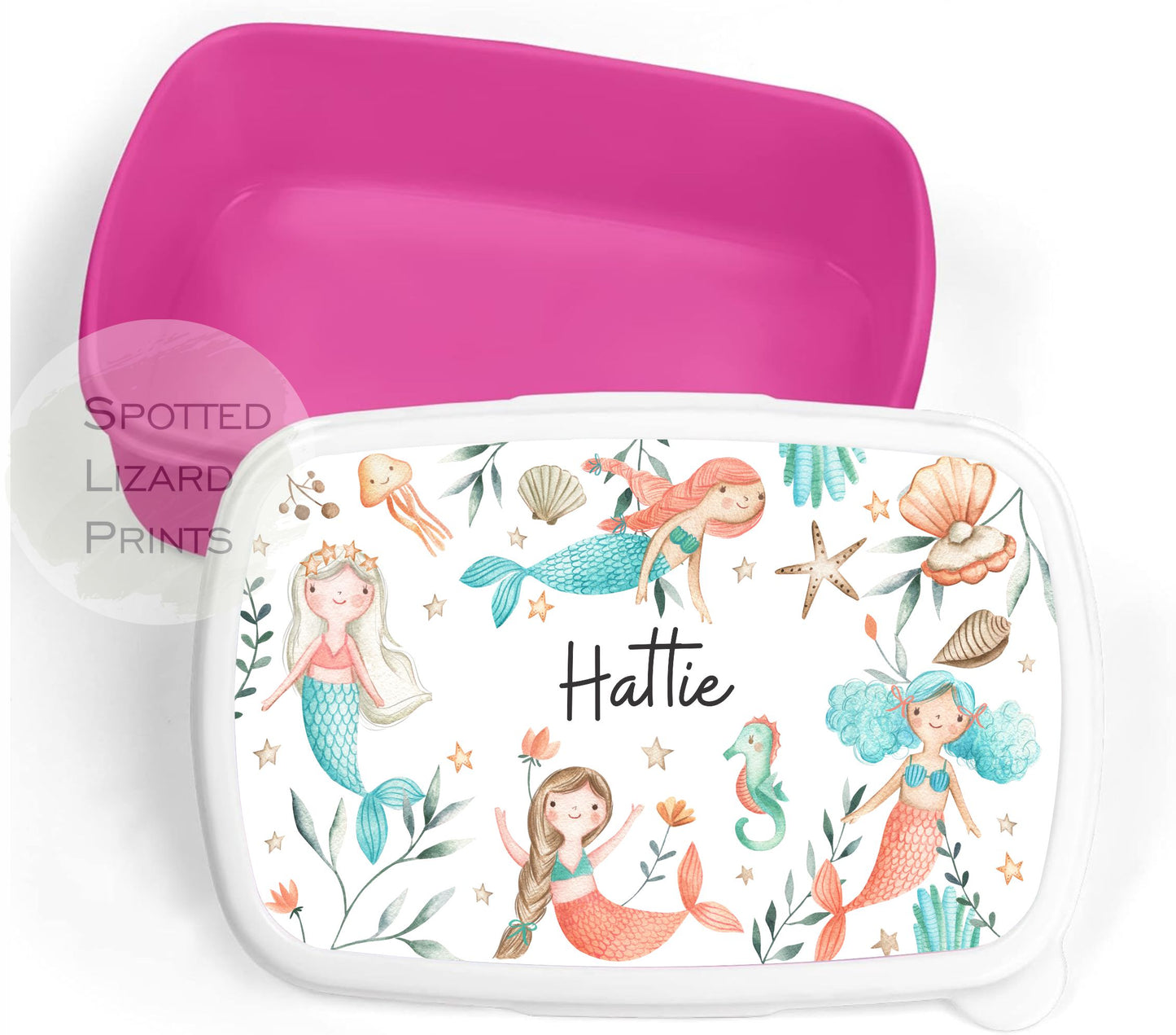 Pink Girls lunch Box. Mermaids. Personalised with a name.