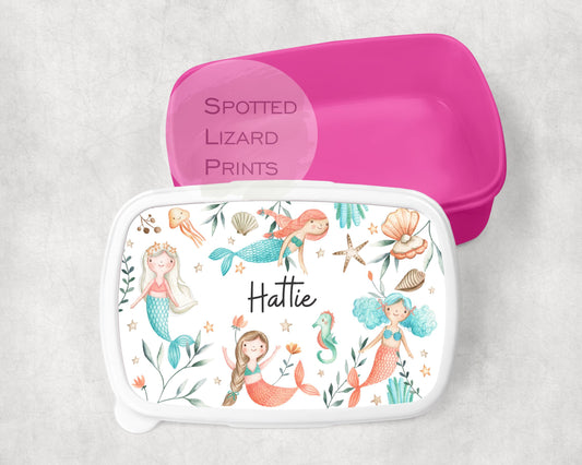 Pink Girls lunch Box. Mermaids. Personalised with a name.